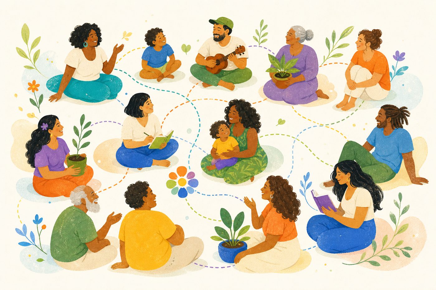 Pessoas diversas reunidas em círculo, ligadas por uma rede de cuidado